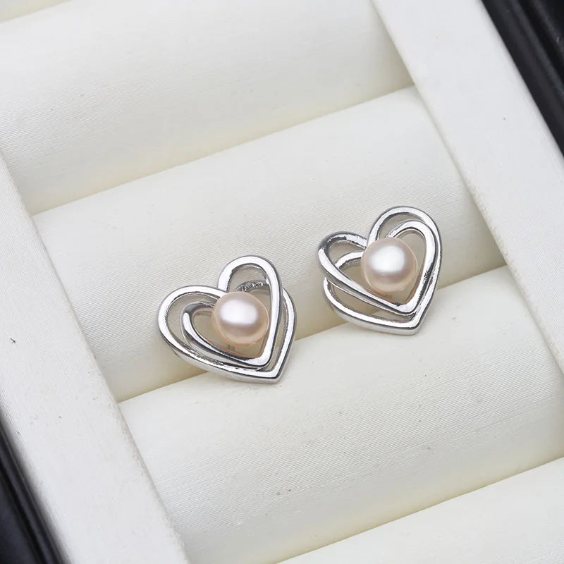 Genuine Silver 925 Pearl Heart Earrings,White Natural Fresh Water Mini Pearl Earrings Jewelry
