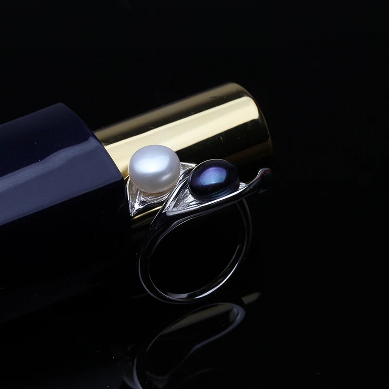 Real Natural Freshwater White Black Double Ring with Real Pearls,925 Silver Adjustable Pearl Rings