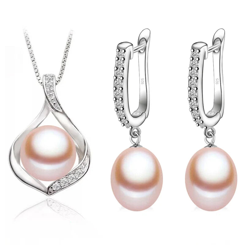 Real Natural Freshwater Pearl Necklace and Earrings Set For Women,Cute 925 Sterling Silver