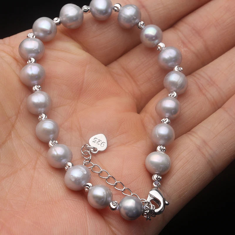 Real Grey Natural Freshwater Pearl Bracelets Ladies Woman,Cute Vintage Pearl Bracelet Child Wife Mother Birthday Gifts 18-21cm