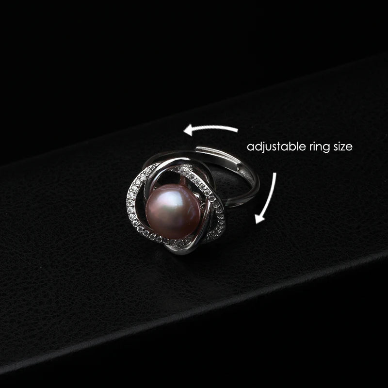 Real Freshwater Black Pearl Ring Woman,Cultured Natural Pearl Rings 925 Silver Adjustable