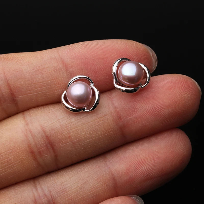 Genuine Silver 925 White Stud Earrings Pearl Woman,Natural  Freshwater