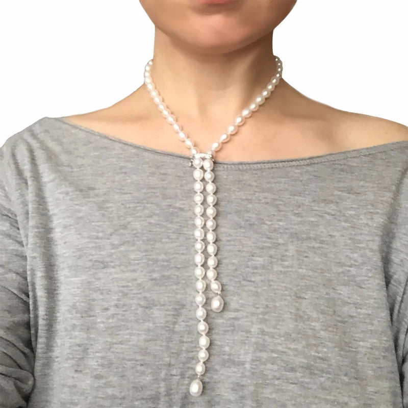 Beautiful Freshwater Long Pearl Necklace for Women,Water Drop Natural Pearl Necklace 925 Silver