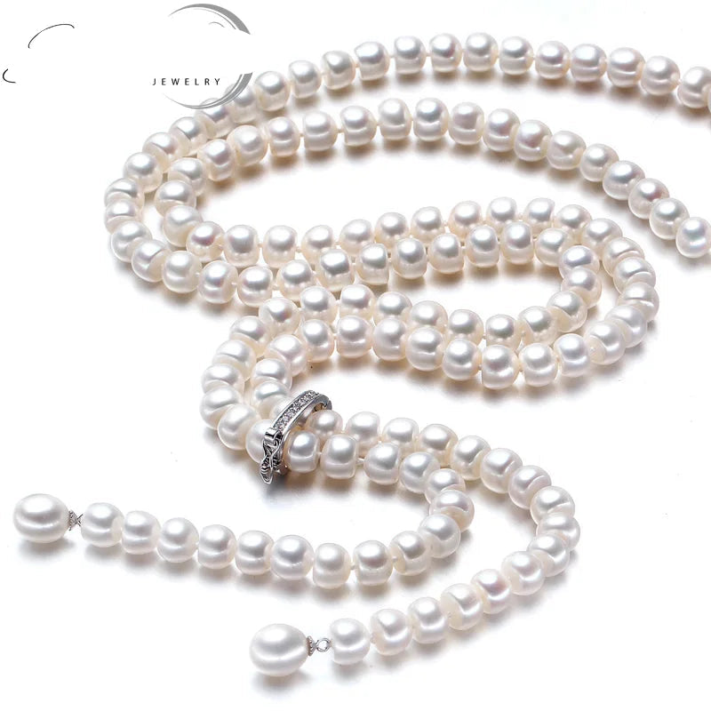 Real Pearl Necklace Long,925 Silver Natural Bridal Freshwater Pearl