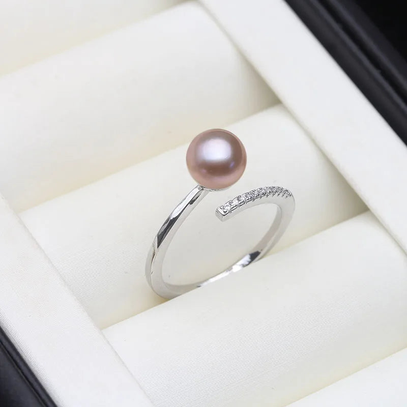 Real Freshwater Natural Black Pearl Rings,Vintage 925 Silver Adjustable Pearl Ring