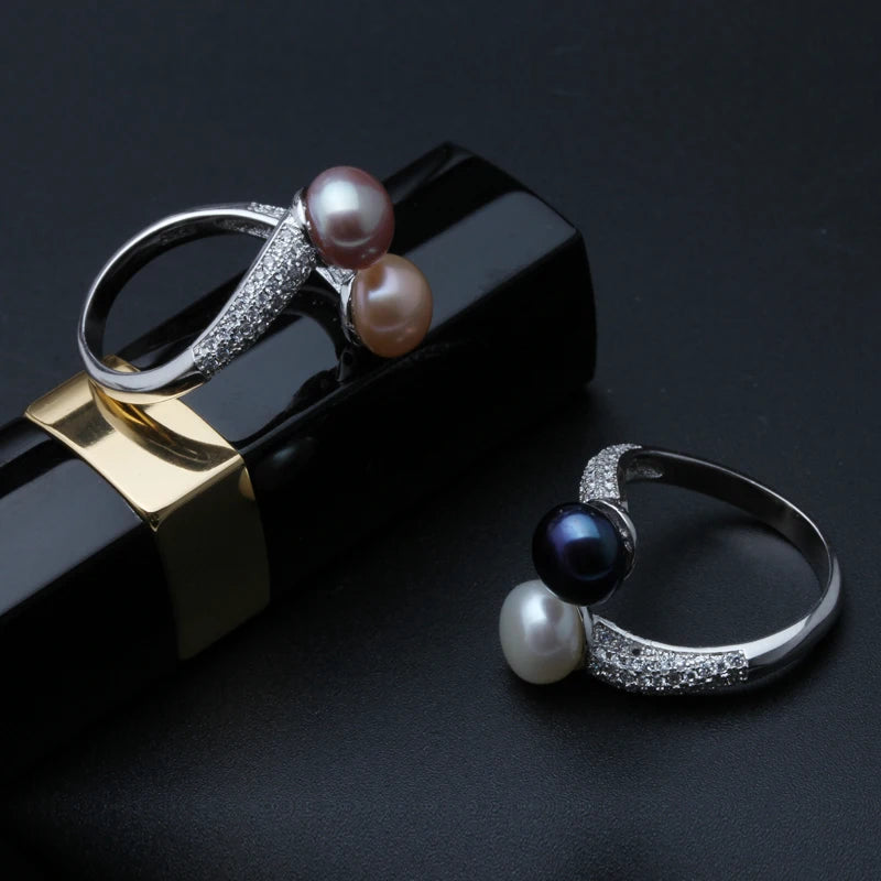 Real Double 925 Sterling Silver Pearl Rings Natural Freshwater Pearl Ring Adjustable