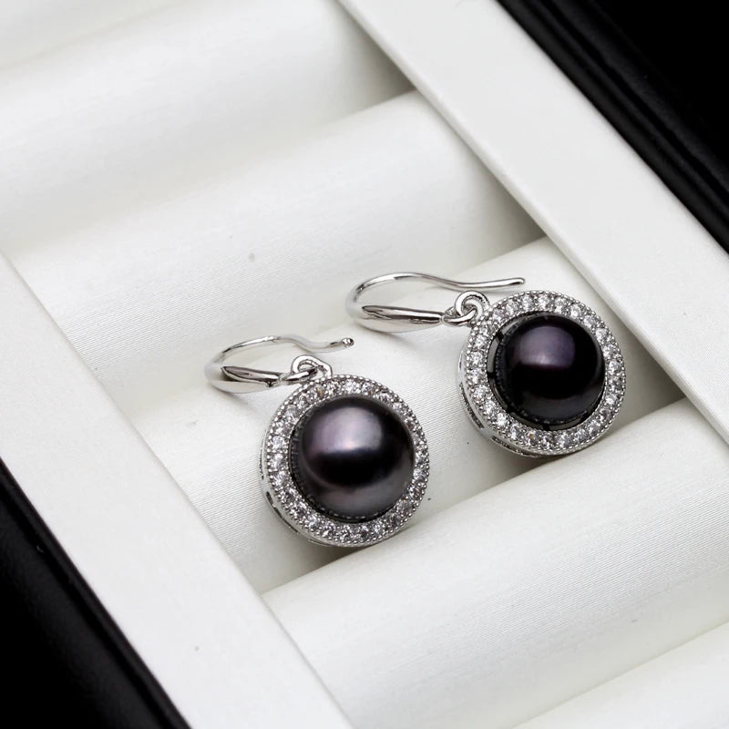 Cultured Natural Freshwater Black Pearl Earrings,925 Sterling Silver Pearl Earrings