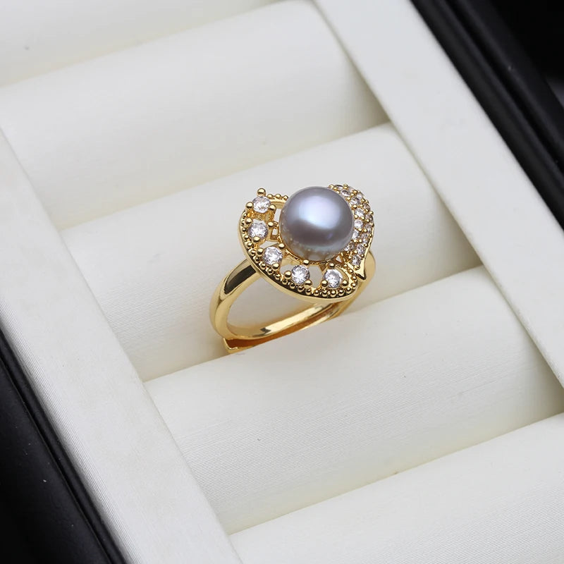 Real Natural Freshwater Pearl Rings Woman,Gold Plated Cultured Pearl Rings Adjustable