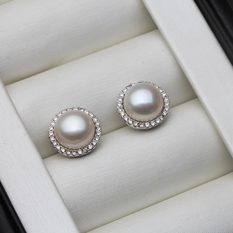 Natural Freshwater white Pearl Earrings 925 Silver  Round Pearl Earrings Fine Jewelry
