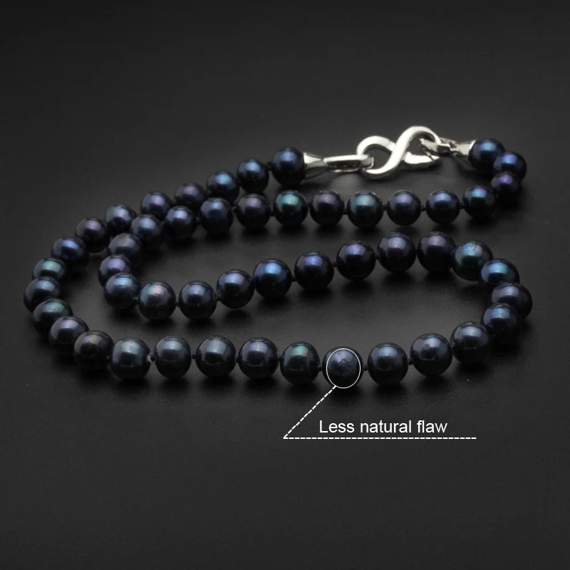 Natural Freshwater Round Black Pearl Necklace For Women 925 Silver Mother