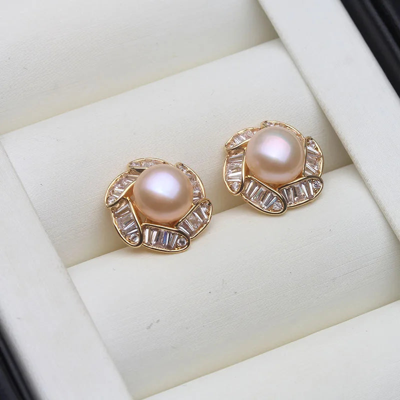 Beautiful Natural Freshwater Pearl Earrings,Cute White Silver 925 Stud Earrings Pearl