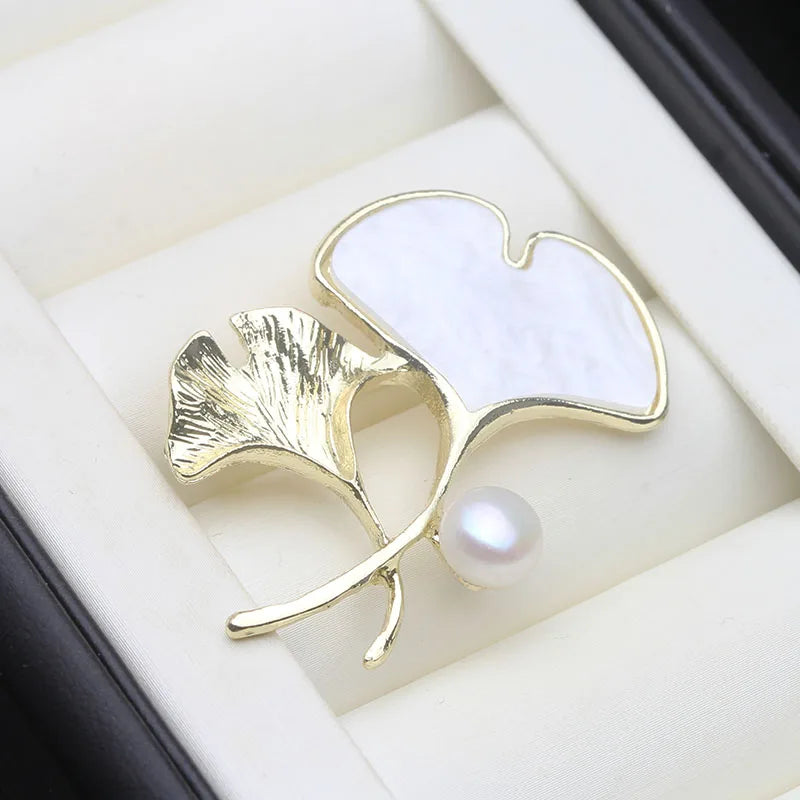 Trendy Natural Freshwater Pearl Brooches For Women,Leaf White Pearl Brooch
