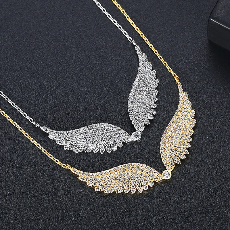Gold Color Angle's Wings Fashion Cubic Zirconia Necklace for Women Crystal Sweater Free Shipping