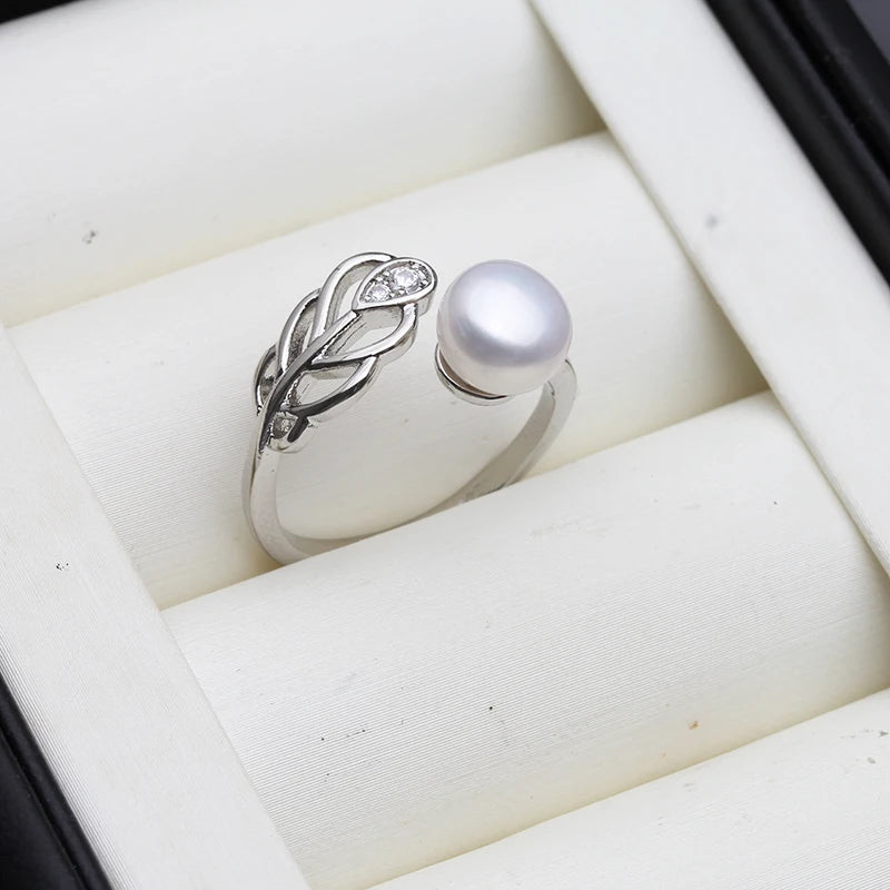 Freshwater 925 Silver Pearl Rings For Women,Natural Lady Pearl Open Ring Adjustable