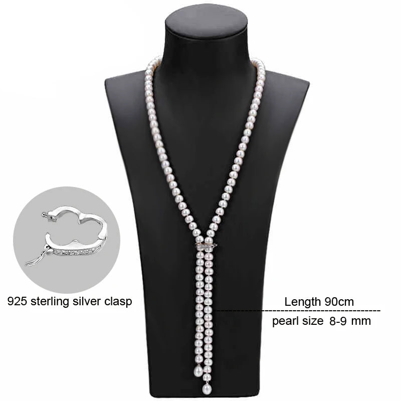 900mm Tassel Fashion Long Pearl Necklace,White Natural Freshwater Pearl Beads Necklace 925 Silver Fine