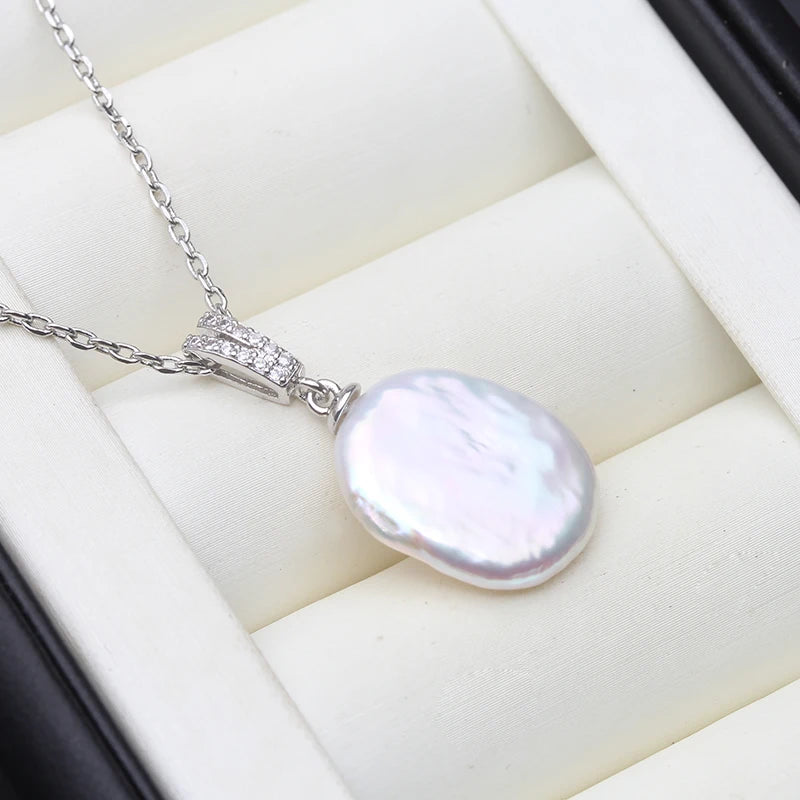 Real Natural Baroque Flat Pearl Pendant 925 Silver Woman,Wedding Freshwater Pendant
