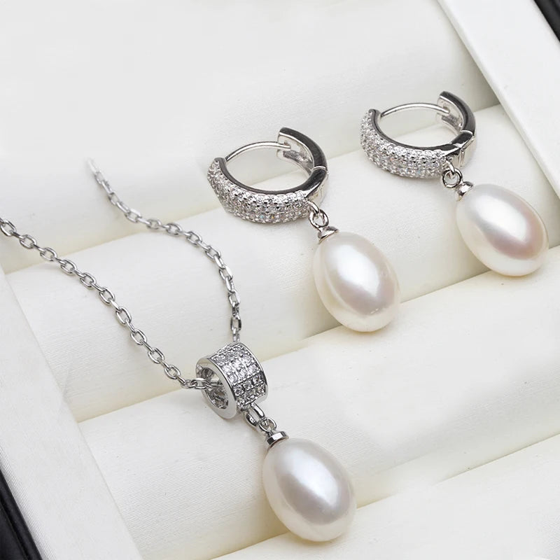 Natural Freshwater Pearl Necklace And Earrings Set trendy 925 Silver Pearl Jewelry Set