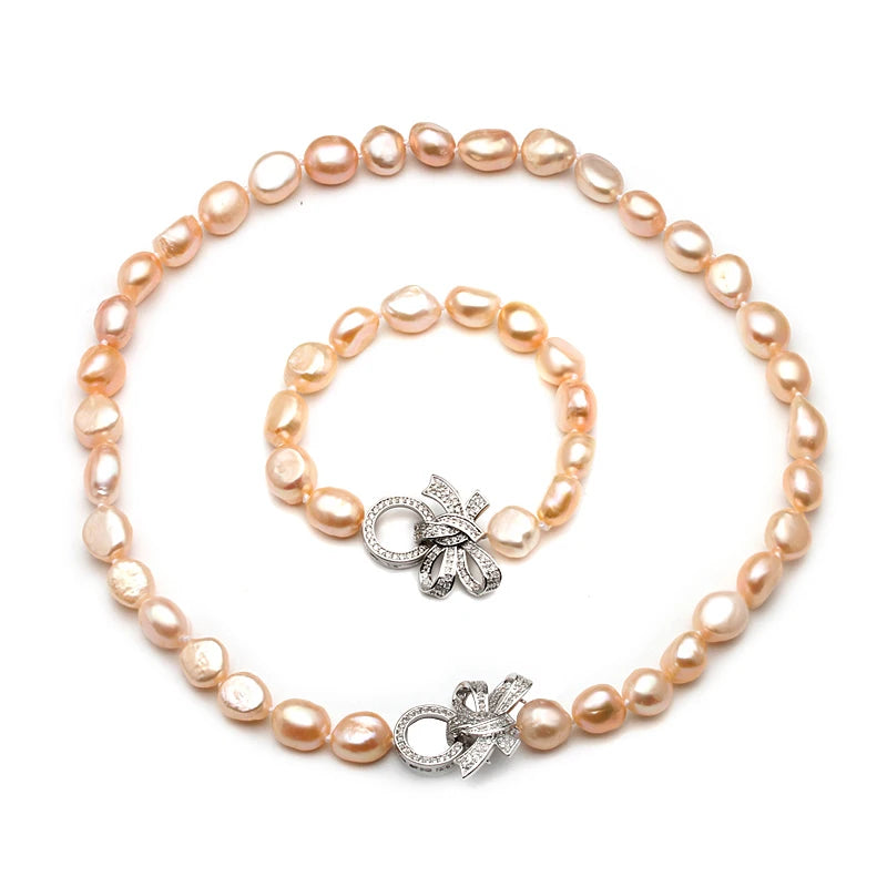 Natural Freshwater Baroque Pearl Necklace And Bracelet Women,925 Silver Pearl Jewelry Set