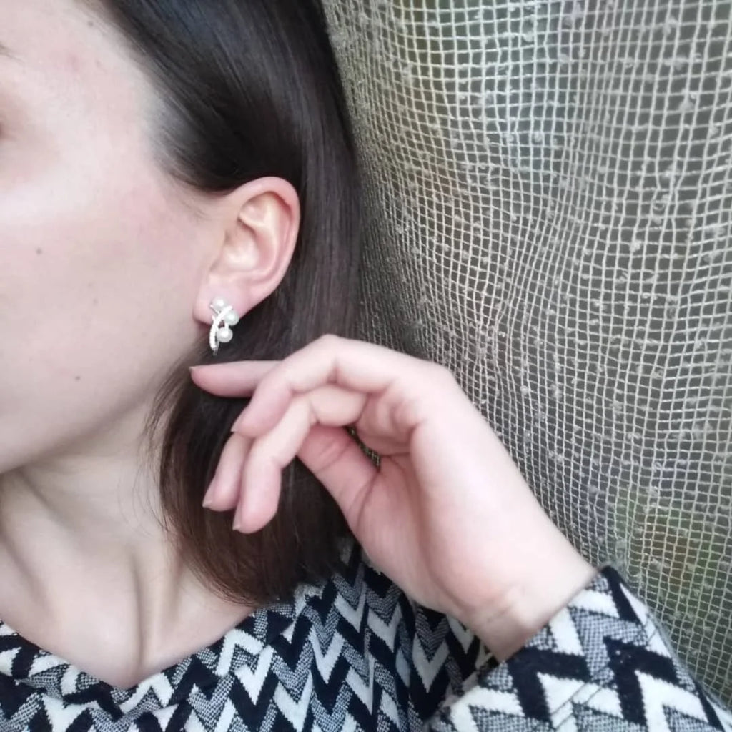 Real Silver 925 White Pearl Earrings, Natural Freshwater Stud Earrings