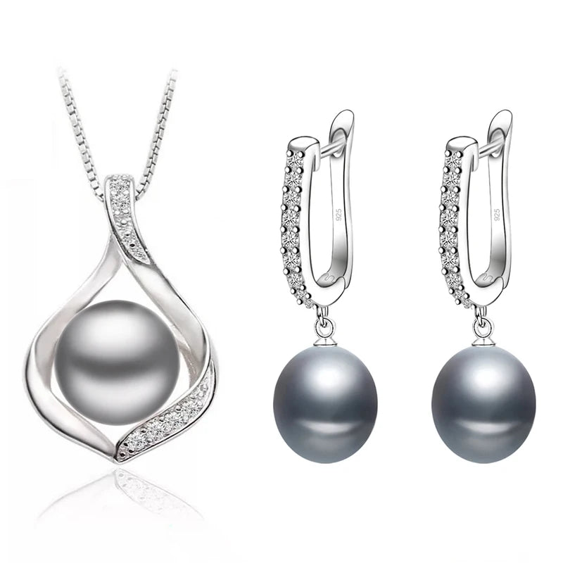 Real Natural Freshwater Pearl Necklace and Earrings Set For Women,Cute 925 Sterling Silver