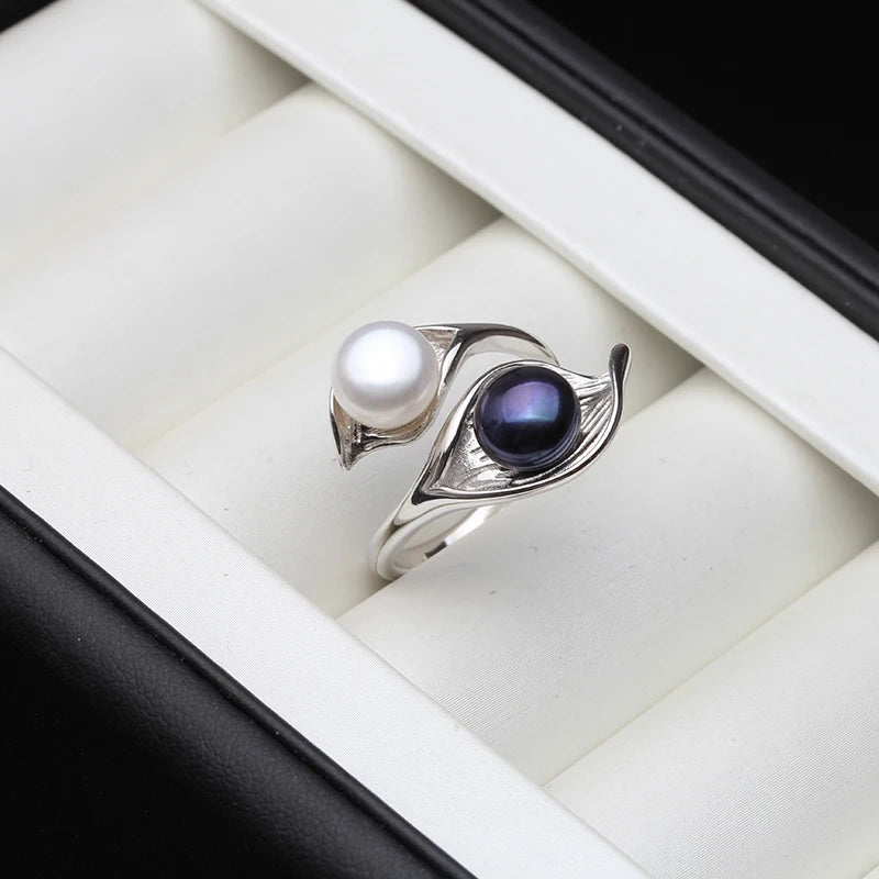 Real Natural Freshwater White Black Double Ring with Real Pearls,925 Silver Adjustable Pearl Rings