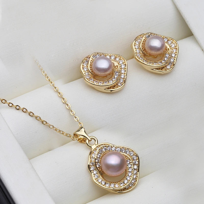 Real Natural Pearl Necklace and Earrings Set,Gold Plated Freshwater Pearl