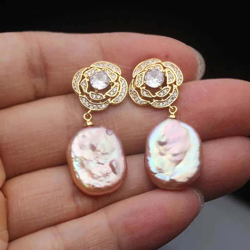 Genuine Baroque Big Pearl Earrings  Silver 925 Earring with Natural Pearl