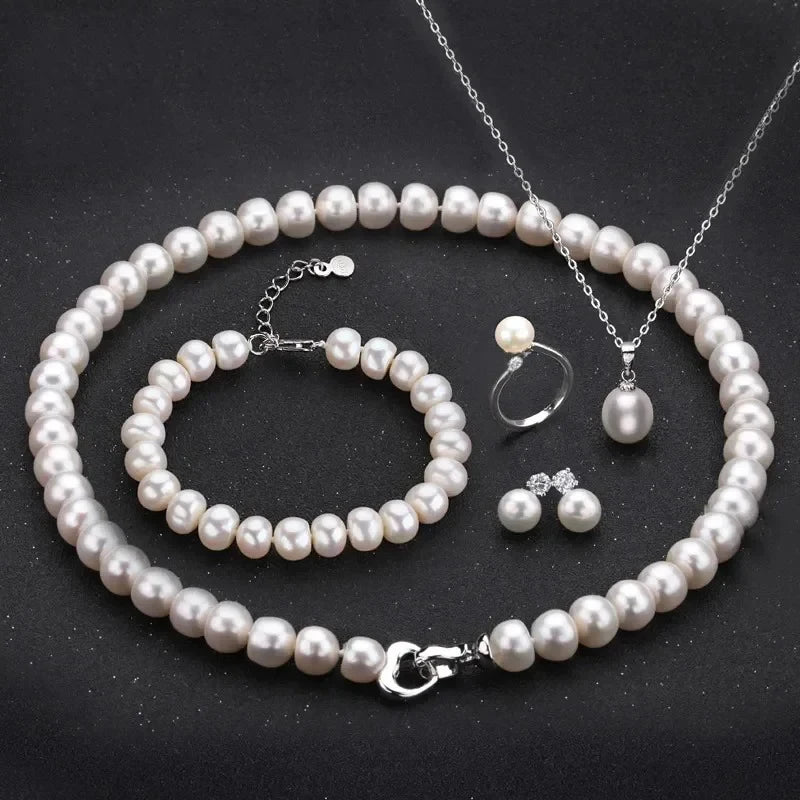 Pearl Jewelry Set Natural Freshwater Pearl Necklace Earrings 925 Sterling Silver