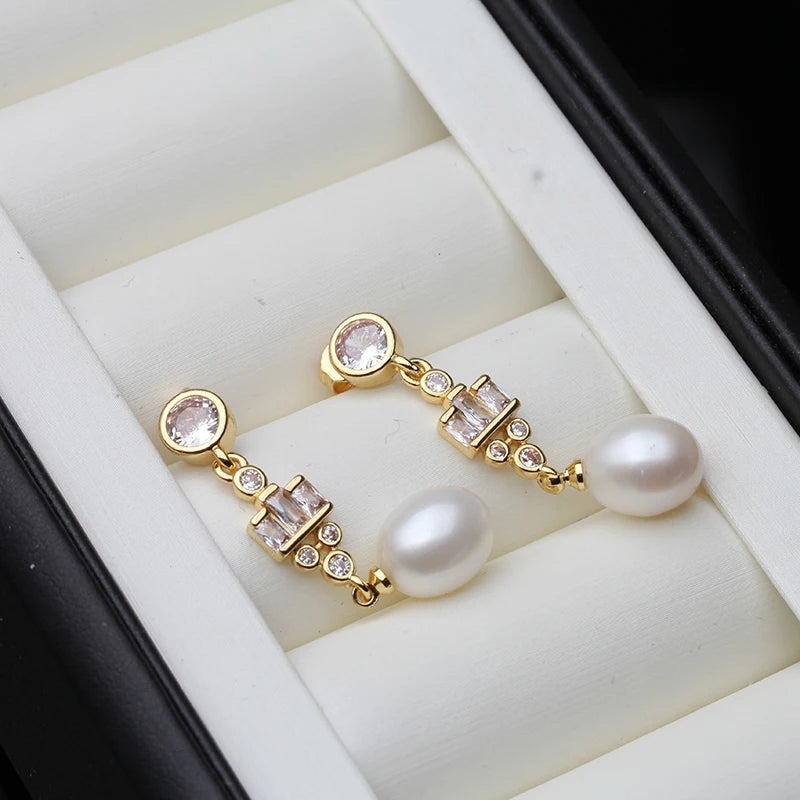 Real Natural Freshwater White Pearl Drop Earrings,Gold Plated Earrings with Natural Pearls