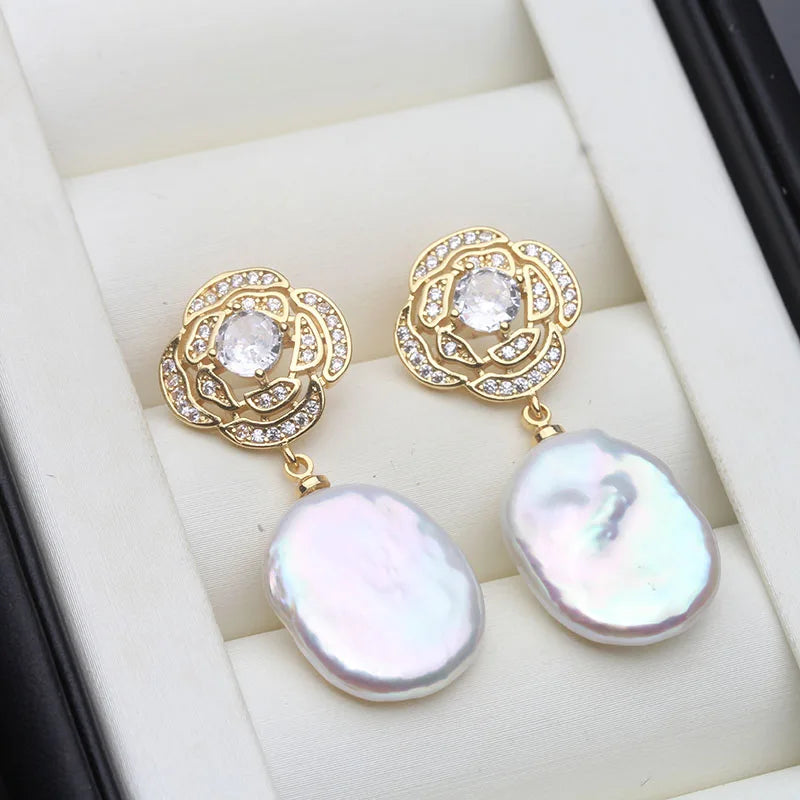 Genuine Baroque Big Pearl Earrings  Silver 925 Earring with Natural Pearl