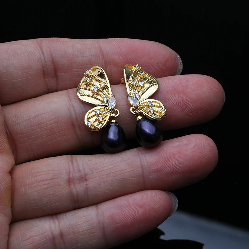 Genuine Freshwater Black Pearl Earrings Woman,Bridal Natural Hanging Pearl Butterfly Earrings