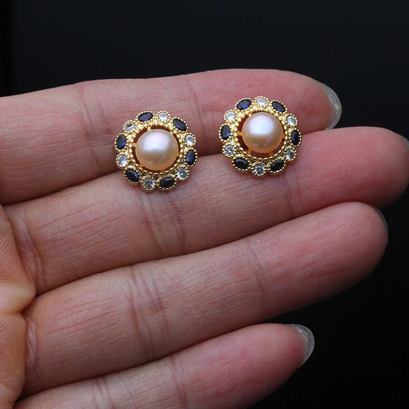 Real Pink Stud Earrings With Pearls For Women,Cultured Natural Freshwater Pearl