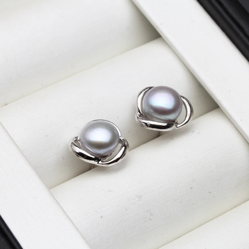 Genuine Silver 925 White Stud Earrings Pearl Woman,Natural  Freshwater