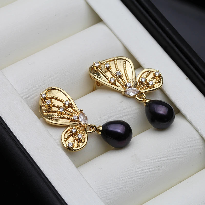 White Stud Earrings Pearl Butterfly Natural Freshwater Pearl Earrings