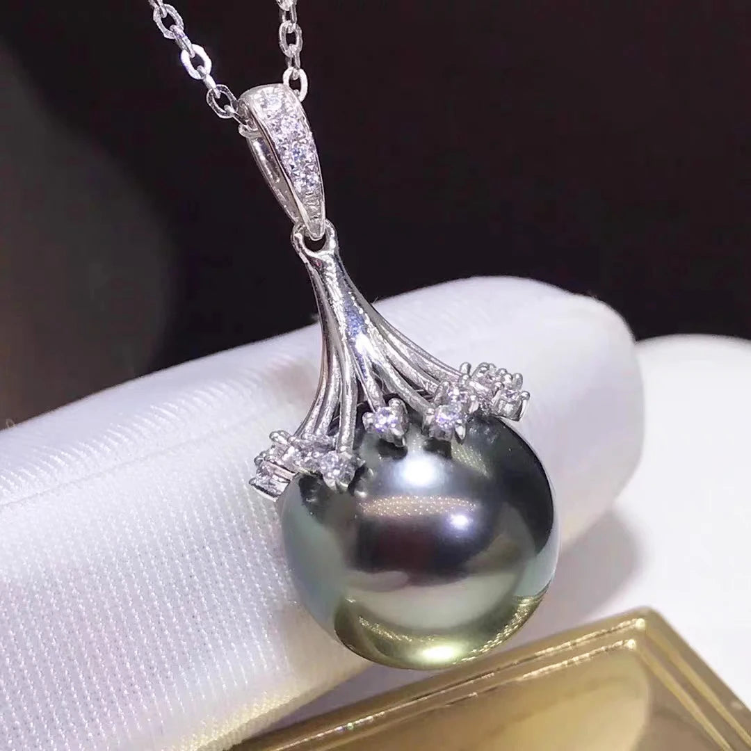 Real Natural Black Tahitian Pearl Pendant Women,925 Silver Large Pearl Pendant Jewelry