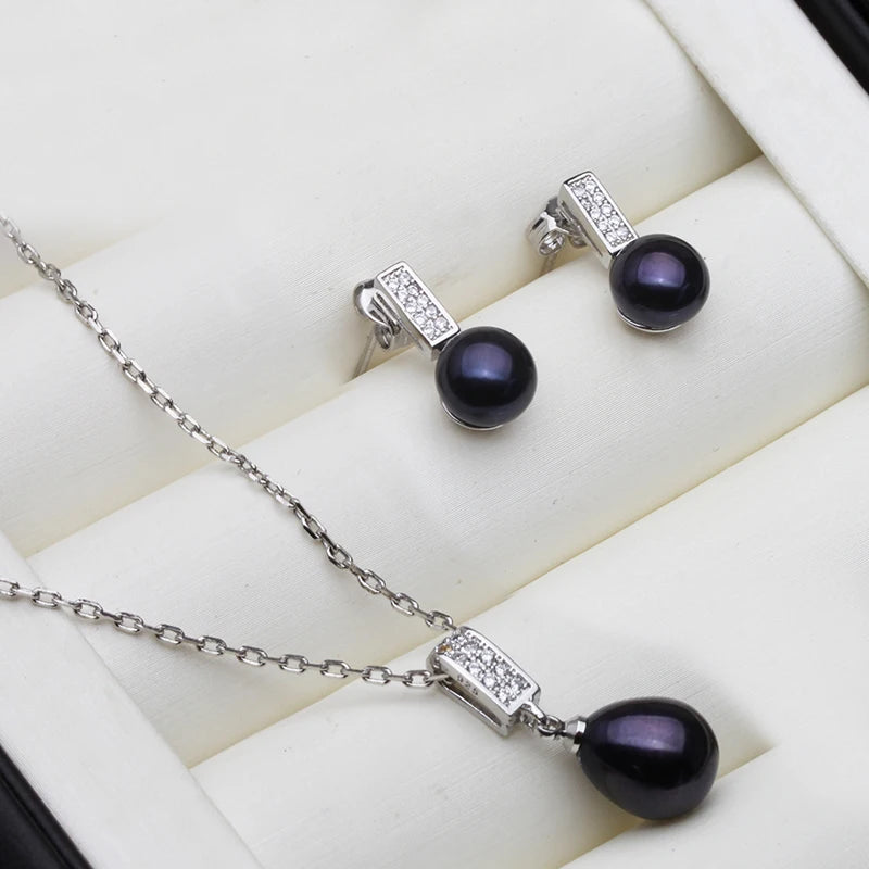 925 Silver Natural Freshwater Pearl Necklace and Earrings Jewelry Set