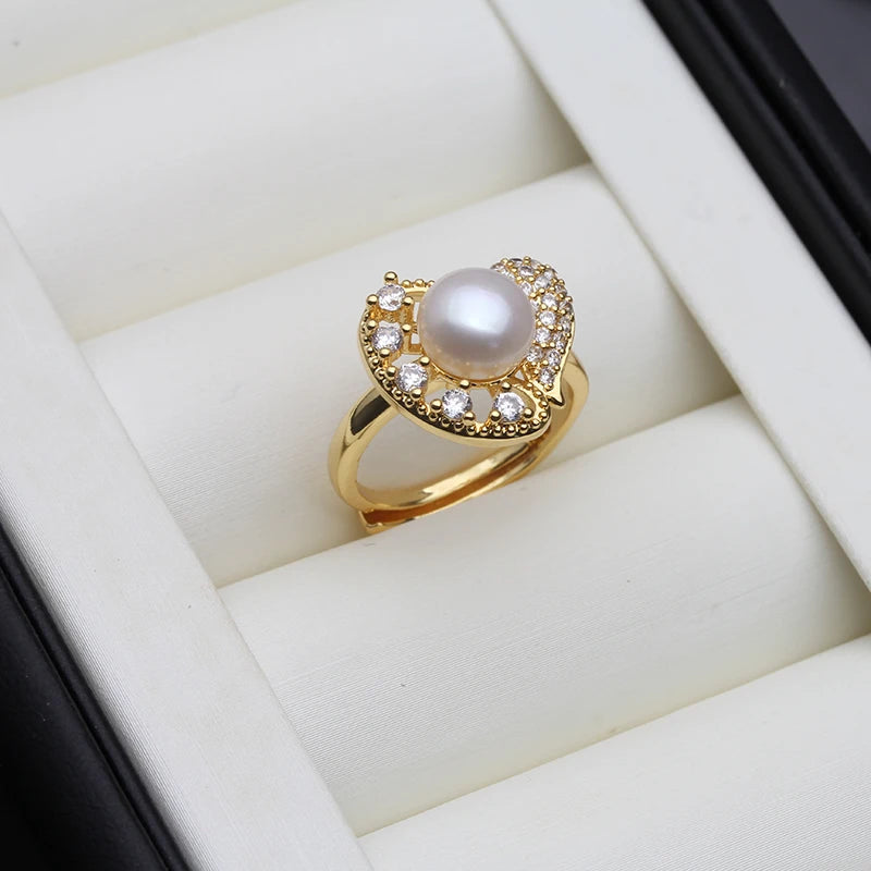 Real Natural Freshwater Pearl Rings Woman,Gold Plated Cultured Pearl Rings Adjustable