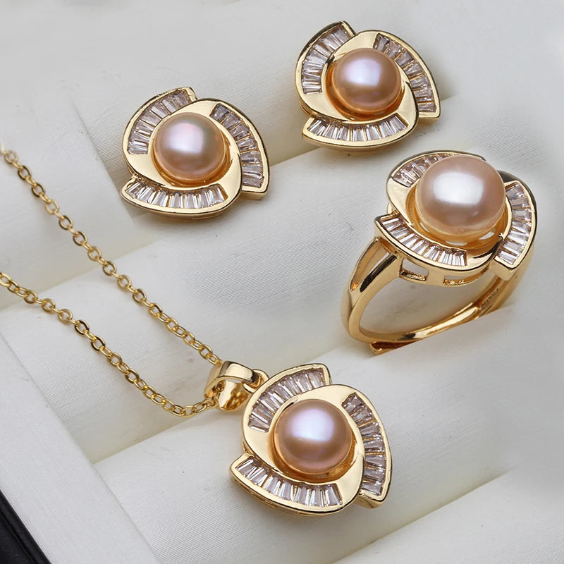 Real Pearl Necklace And Earring Set For Women,18K Gold Plated Elegant Pearl Jewelry Set
