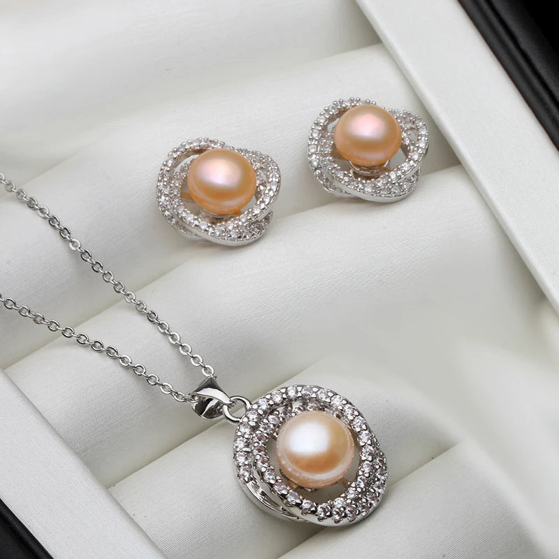 Real White Black Natural Pearl Necklace Earring Set  925 Sterling Silver Fine Jewelry