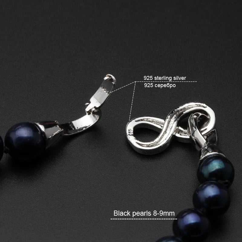 Natural Freshwater Round Black Pearl Necklace For Women 925 Silver Mother