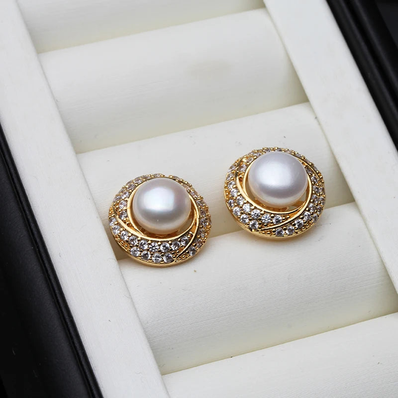 New Natural Freshwater Pearl Earrings ,Flat 18k Gold Palted Pearl Earrings