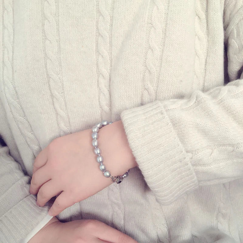 Vintage Freshwater Thread For Pearl Bracelet Silver 925,Grey Natural Pearl Jewelry Bracele