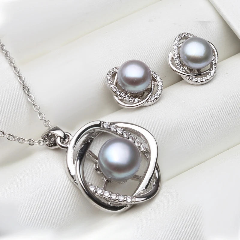 Real 925 Sterling Silver Necklace Earring Sets ,Classic Natural Pearl Pendant Sets