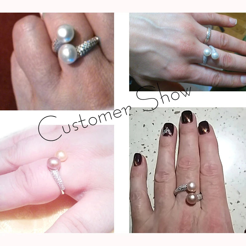 Real Natural Freshwater Black Double Pearl Ring,Exquisite 925 Sterling Silver Ring Fine Jewelry Adjustable