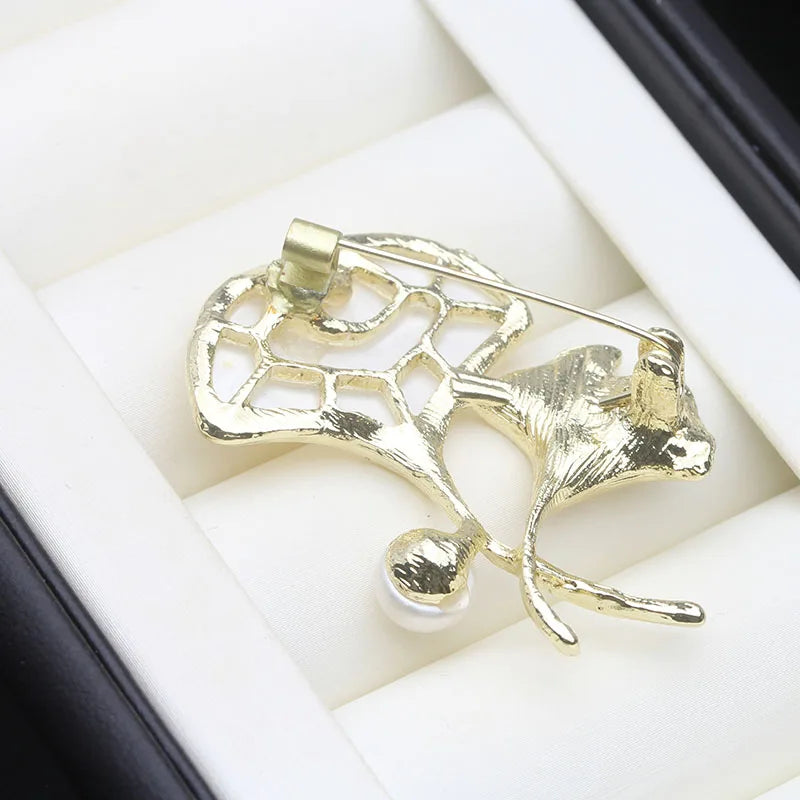 Trendy Natural Freshwater Pearl Brooches For Women,Leaf White Pearl Brooch
