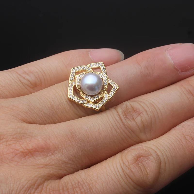 Real Freshwater Natural Pearl Rings Women,Gold Plated Cultured Pearl Rings Adjustable