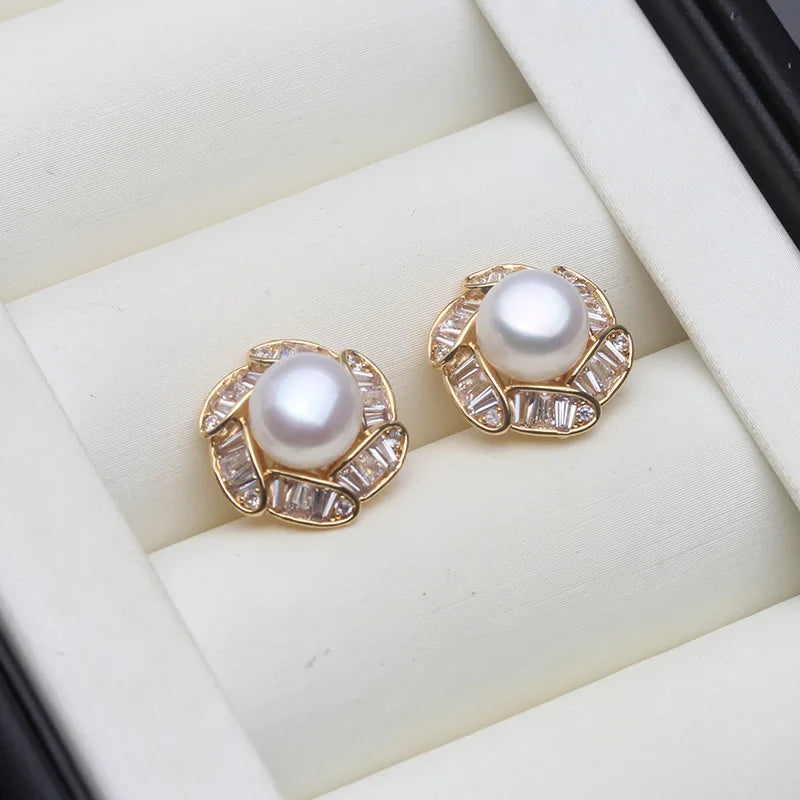 Beautiful Natural Freshwater Pearl Earrings,Cute White Silver 925 Stud Earrings Pearl