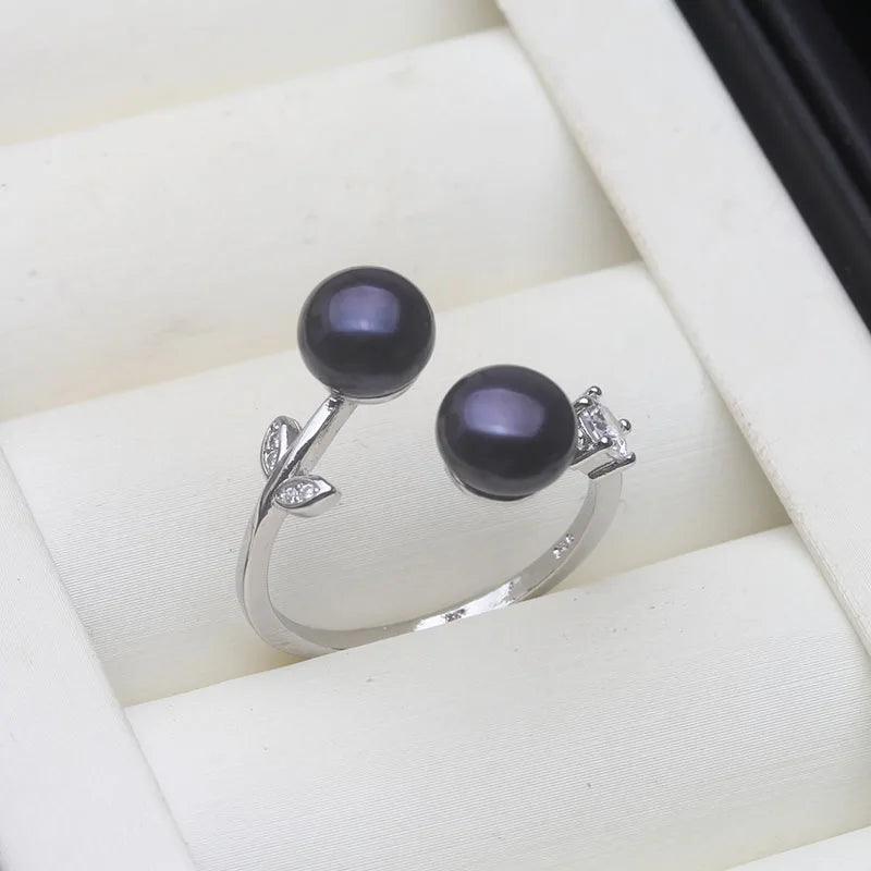 Real 925 Sterling Silver Pearl Ring Double Ladies Woman,White Natural Freshwater Adjustabl