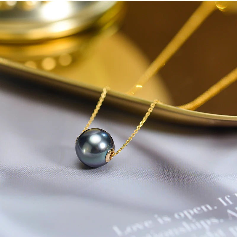 Real 18K Gold Seawater Tahitian Pearl Pendant For Women,Luxury Black Pearl Gold Pendant