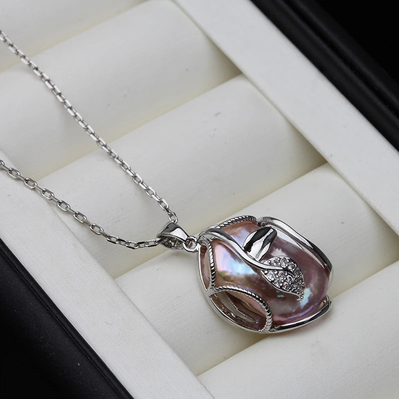 Real Original Baroque Natural Freshwater Pearl Necklace F,Large Sterling Silver Pendant